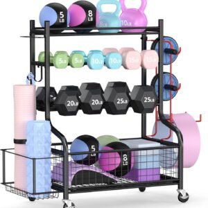 PLKOW Dumbbell Rack, Weight Rack for Dumbbells, Home Gym Storage for Dumbbells Kettlebells Yoga Mat and Balls, All in One Workout Storage with Wheels and Hooks, Powder Coated Finish Steel